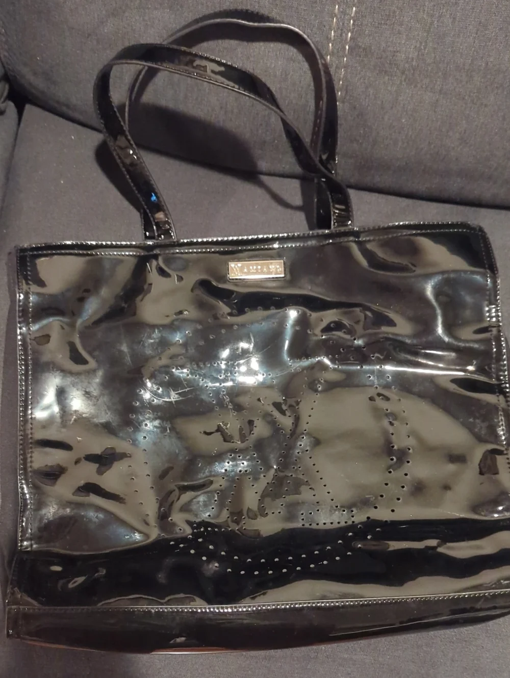 Aldo Glossy Black Patent Tote with Perforated Detail